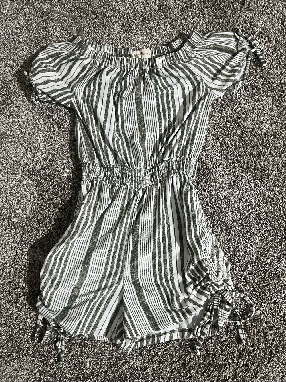 Derek Heart Green and White Striped Off-Shoulder One-Piece Romper